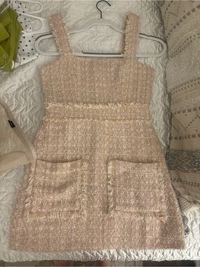 Sleeveless Textured Pink Tweed Mini Dress